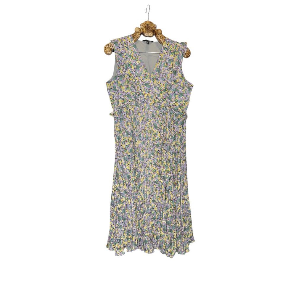 Banana Republic Dress Floral Chiffon Pleated V Neck Ruffle Sleeveless Midi Large
